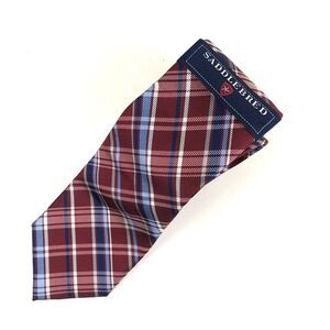 Saddlebred Men's Tie Plaid Tartan Red Blue White NWT Silk Blend Stain Resist